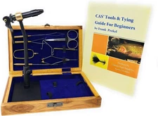 Fly Tying Standard Tool Kit with Wooden Box & Book, Rotary Vise, Bobbin, Scissor