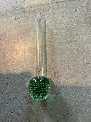 RARITÄT Vase Murano Glas Klarglas Solifleur-Vase Fuß grün  Bubble Design 16 cm - Bild 1 von 4