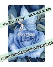 Metal Sign Fairy Sitting on Rose Scene gentle blue wings