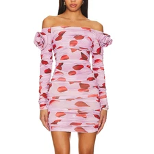Mirae Pink Rose Petal Off Shoulder Bodycon Dress Size 2 Mesh Ruched $475 NEW