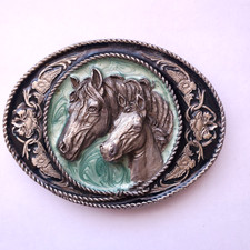 Horses Belt Buckle Vintage Siskiyou 1991 Cowboy Cowgirl Rider Breeder Green