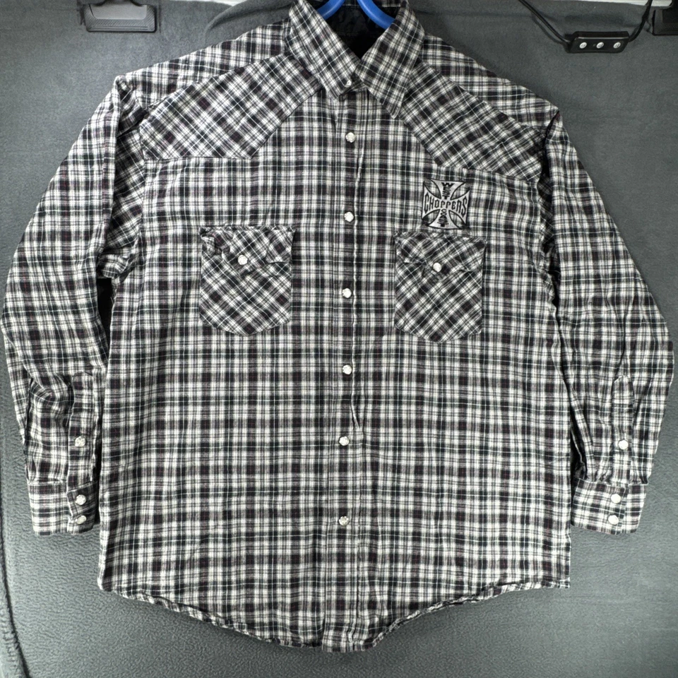West Coast Choppers Jesse James 工作服珍珠扣法兰绒衬衫格子男式 M — 第 2/4 张图片