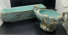 Vtg USA Art Pottery Set 2 Planters Turquoise & Gold Mid Century Modern Decor