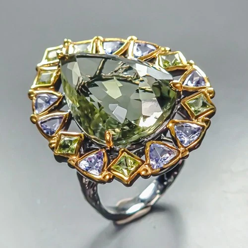 Handmade 26 ct Natural Green Amethyst Ring 925 Sterling Silver Size 8.5 /R462442