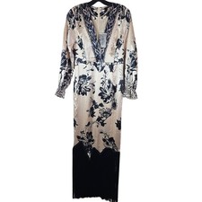 OYROSY Champagne Black Floral Satin Fringe Midi Dress Long Sleeve Small NWT
