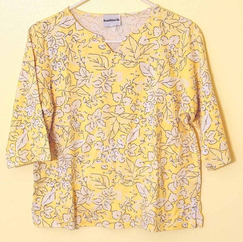 BONWORTH Women's 3/4 Sleeve Pullover Top YELLOW Floral See Photos For Size