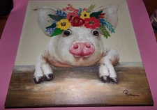 Beauty Pig Oil Painting Cute Canvas Wall Art Farm Animal 16" x 16" Painting