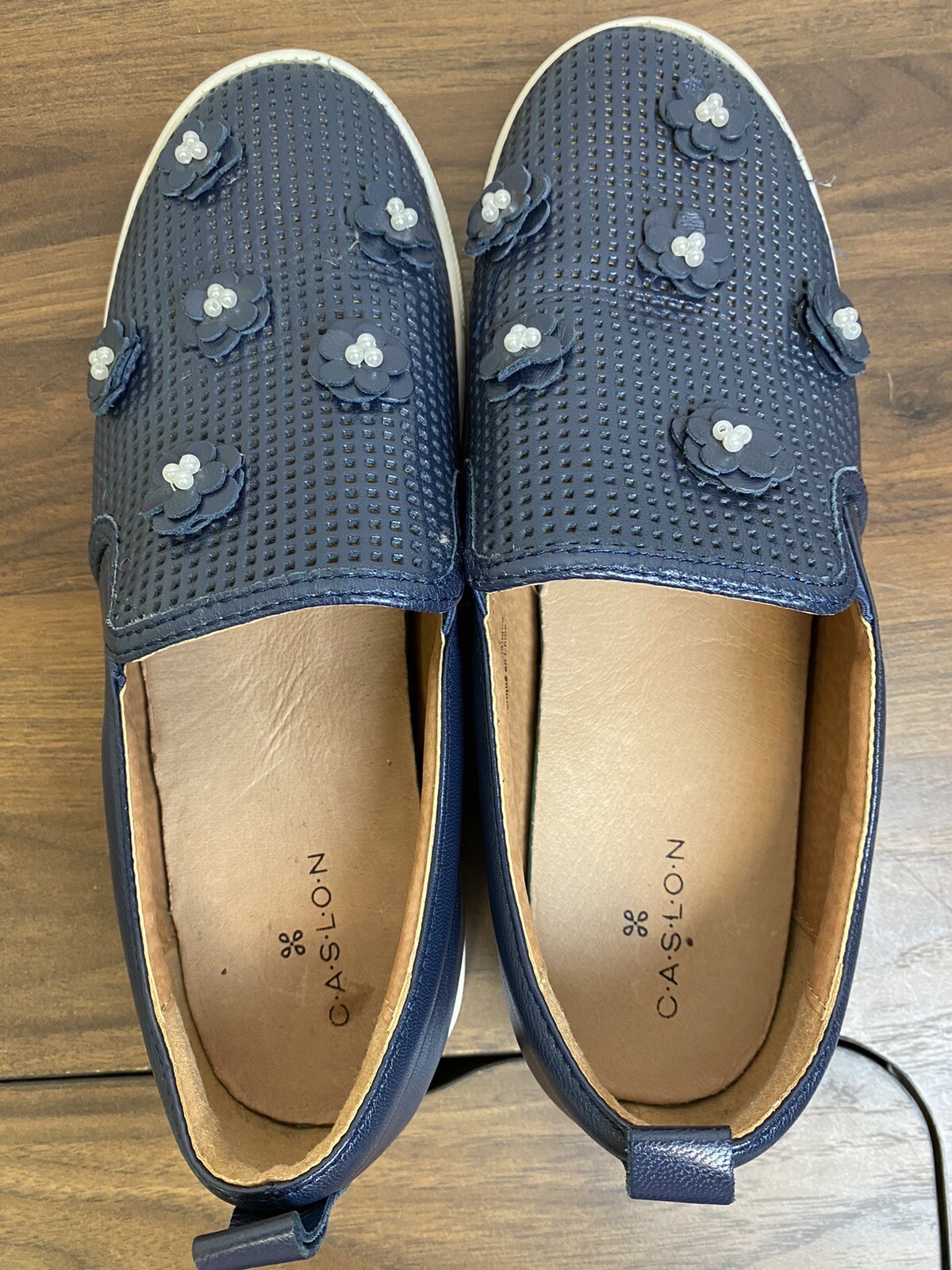 Nordstrom Women's Caslon Slip On Blue Leather Loafers with Flowers
