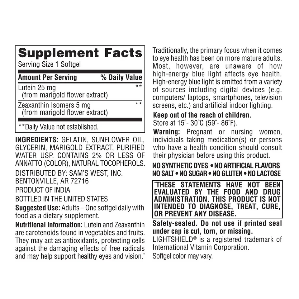 Member's Mark Lutein 25mg Zeaxanthin 5mg (150 ct.) - Image 2 of 4