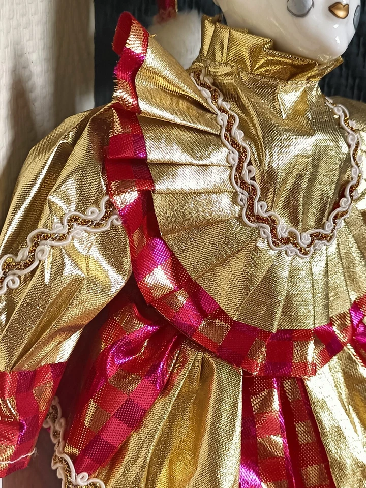 Poupée Clown Harlequin Vintage de Collection - Porcelaine et Soie Dorée/Rose - Photo 4/4