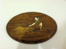 India Oval Wood Inlaid PlaqueWoman w/Goats