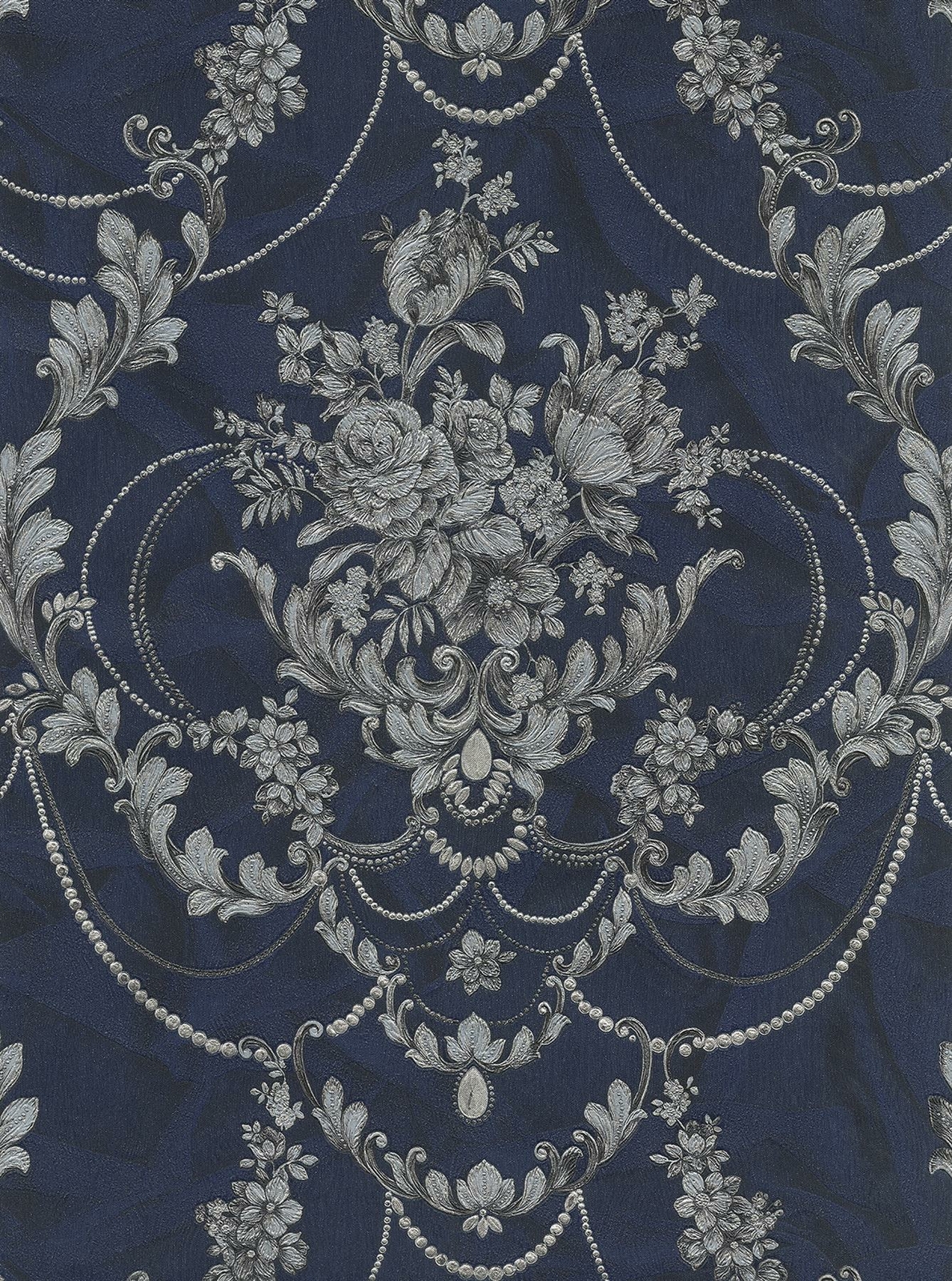 B&Q - Perla Ii Damask Texture Vinyl Navy Silver Metallic Glitter Wallpaper 9086 - Image 2