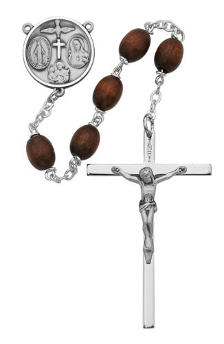 Perle en bois marron Christ Rosaire centre argent sterling et crucifix INRI perles 8 mm - Photo 1 sur 1