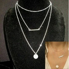 Layered Silver Necklace Choker Coin Lariat Beaded Bar Disc Silver Simple Glam