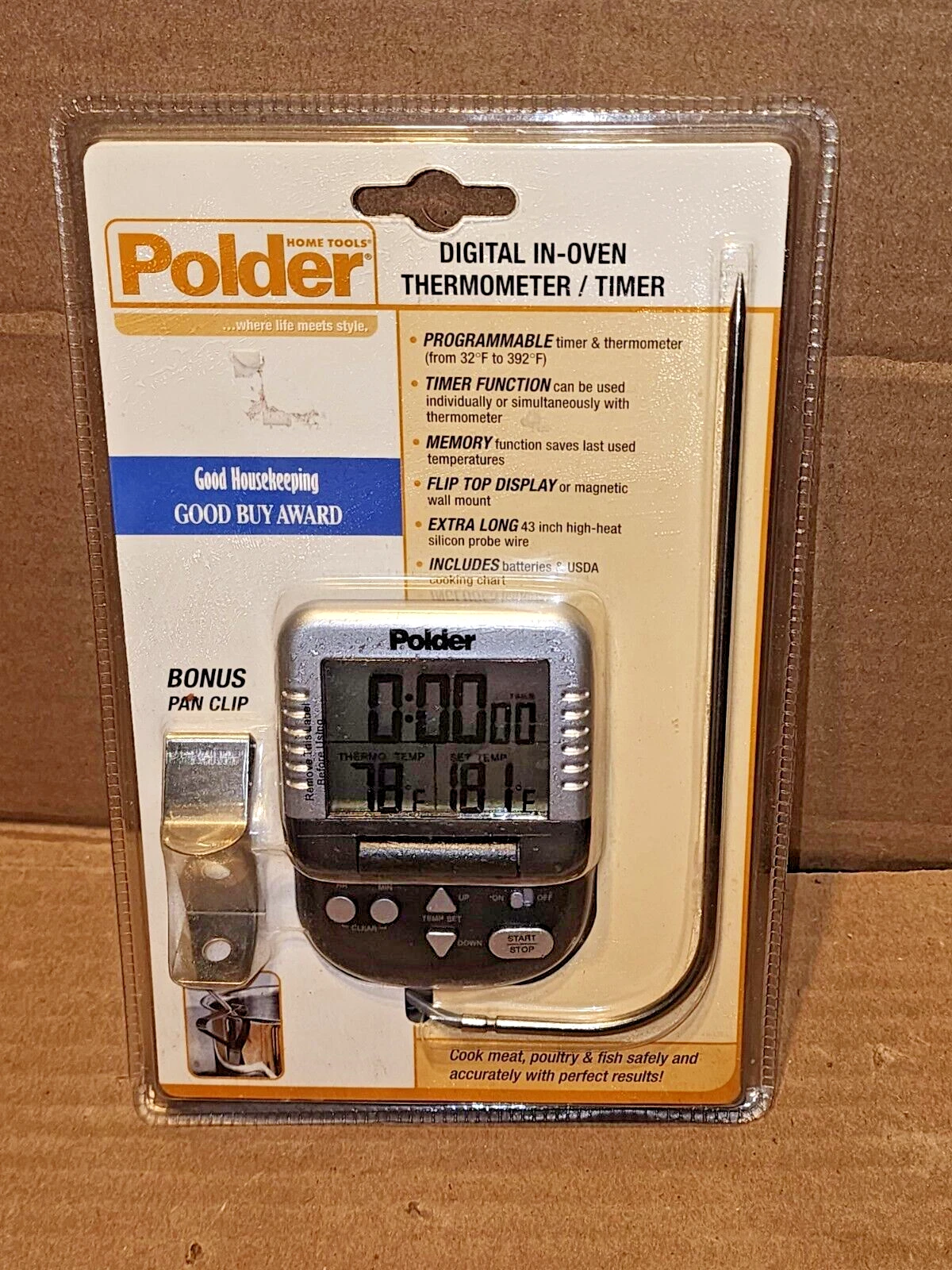 Polder Digital In-Oven Thermometer / Timer Programmable w/Bonus Pan Clip New