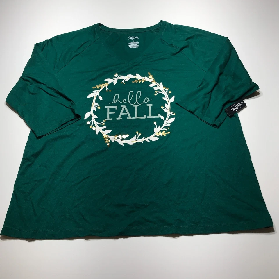 Camiseta City Streets Mujer Talla 1X Plus "Hola Otoño" Cuello en V Verde Manga Larga Foto 2 de 4