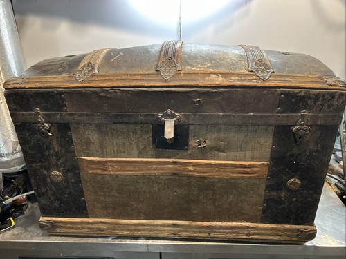 Antique Barrel-Top Trunk Wood Metal Embossed Dome Top