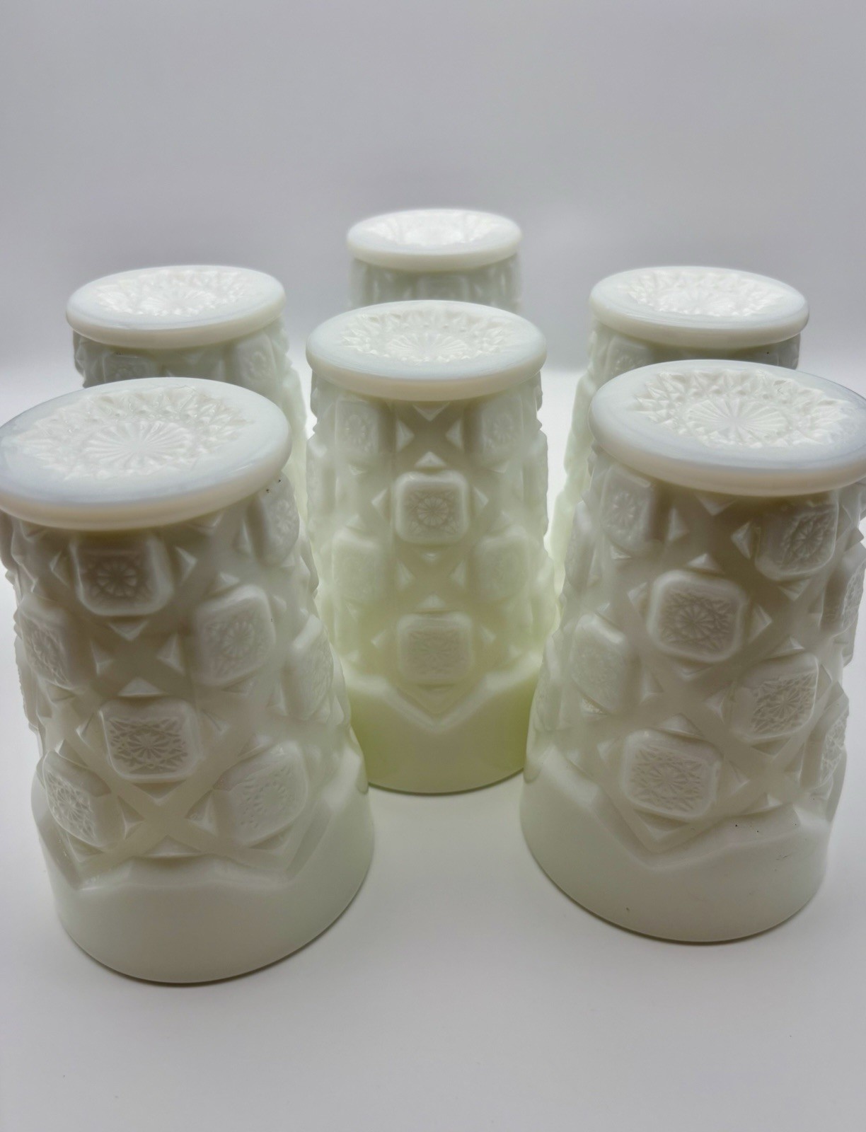 6 vintage Westmoreland Old Quilt Milk Glass 🤍Tumbler Glasses Euc
