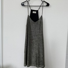 EVERLY Slip Mini Dress Metallic Grid Black Silver Strappy A-Line Cocktail L
