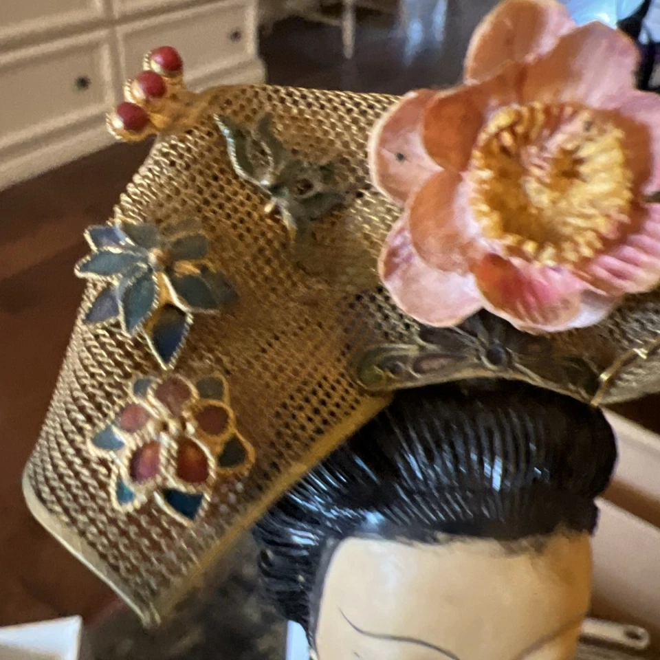 Antique Chinese Cloisonne Enamel Imperial Woman on Fitted Wood Base- Orig Box - Image 3 of 4