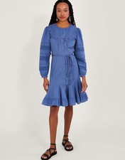 Monsoon Womens Curve Embroidered Detail Midi Dress Cotton Blue Plus Size XXL