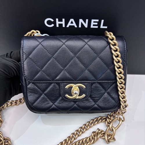 Chanel 23S Square Fatty Flap Bag Chain Crossbody Bag Black Gold Hardware