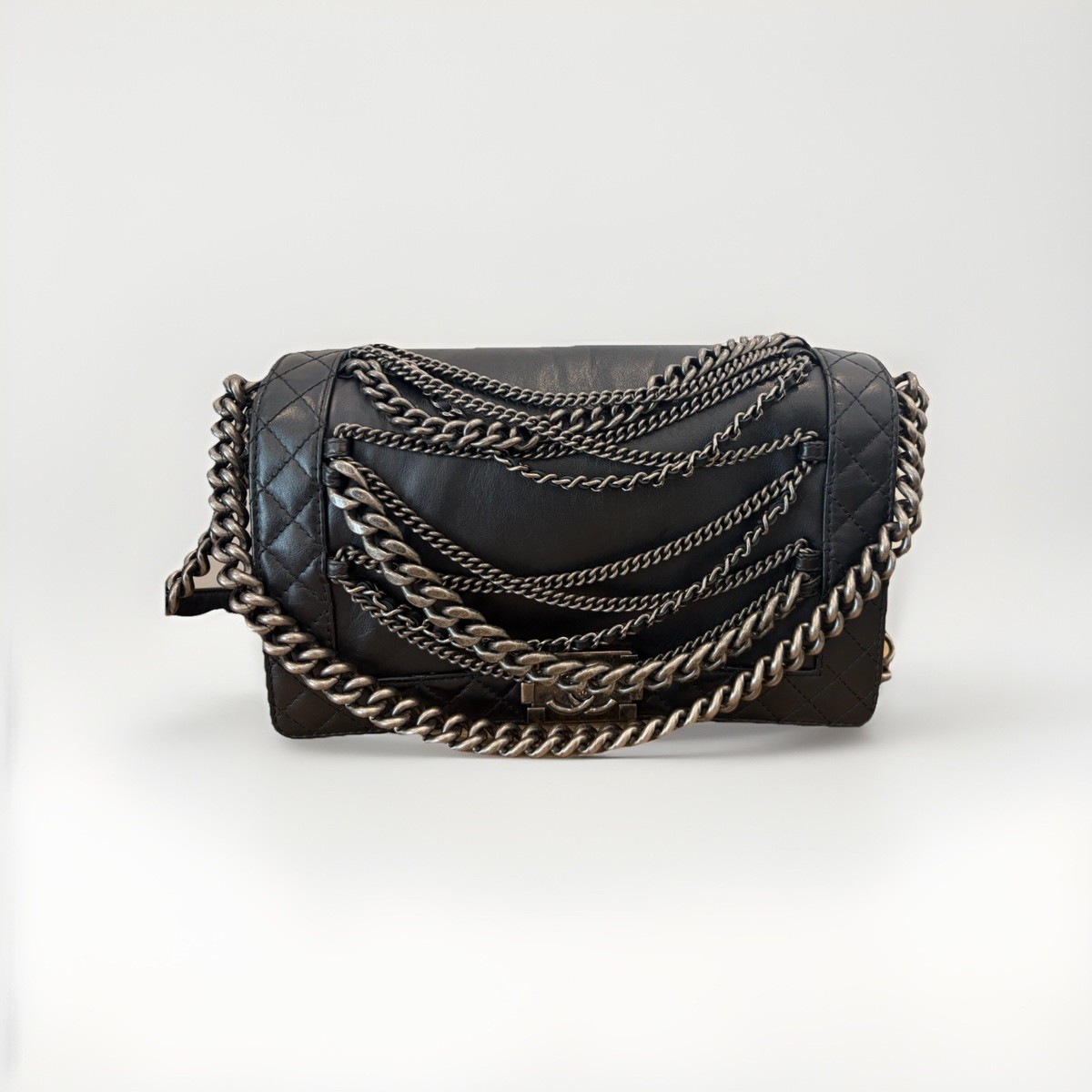 CHANEL Enchained Boy Black Medium Flap Bag F/W 2013 Shoulder RARE