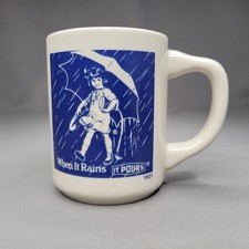 Vintage Morton Salt White Stoneware Mug Blue Girl When It Rains It Pours 1921