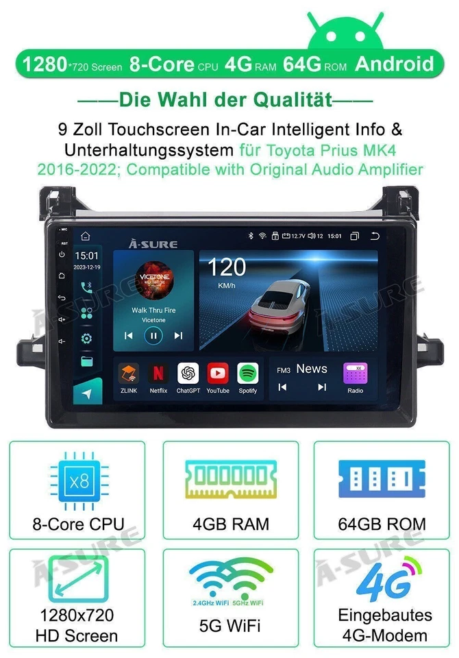 4+64G Android 14 Autoradio GPS NAV CarPlay 4G DSP Für Toyota Prius MK4 2016-2022 - Bild 2 von 4