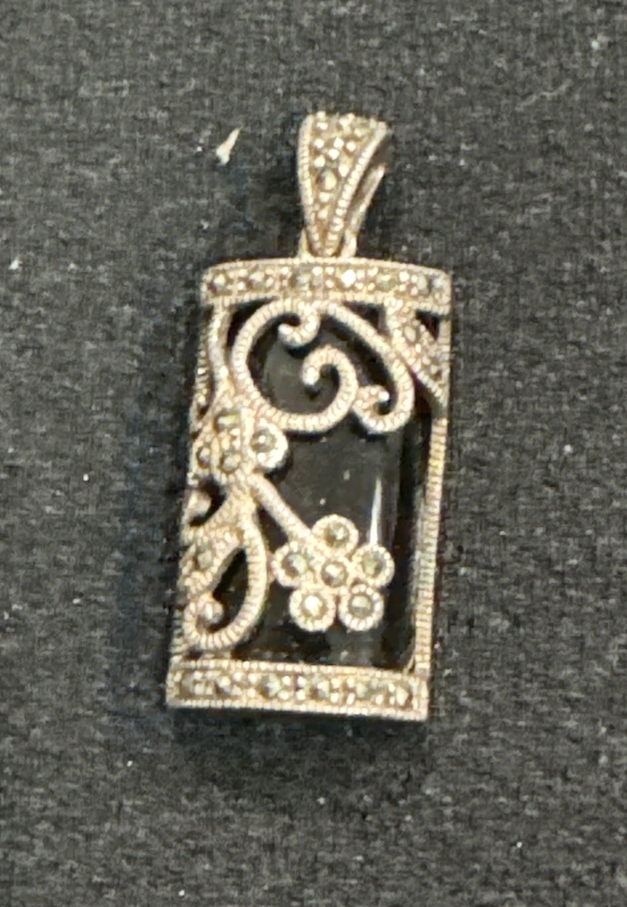 925 Sterling Silver Marcasite Rectangular Black O… - image 1
