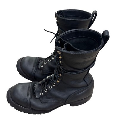 Nicks Handmade Boots Mens 9 FF Black Leather Logger Work Boots Cap Toe Kiltie