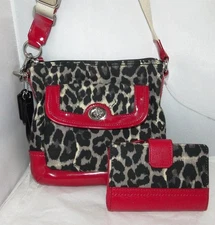 Coach PARK OCELOT Animal Print Red Patent Crossbody Swingpack Purse WALLET &Bag!