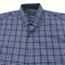 Bugatchi Uomo Classic Fit Large 16/36 Long Sleeve Cotton Plaid Dress Shirt MINT