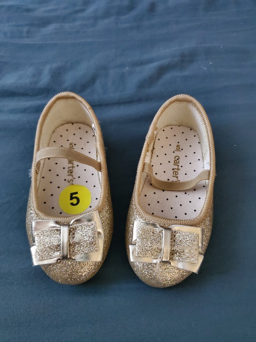 Carter's Baby Toddler Dress Shoes Size Gold Sparkle Slip On Strap Bow