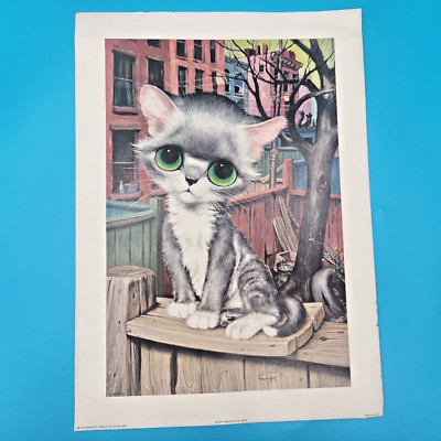 Vintage Gig Kitty Print Big Eye Alley Cat 1960s 14 X x10” Litho