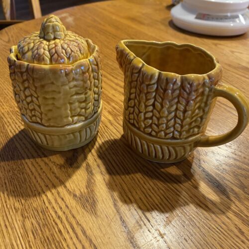 NOS Vtg Royal Sealy Japan Harvest Wheat Ceramic 60's-70's Sugar Bowl & Creamer - Picture 1 of 9