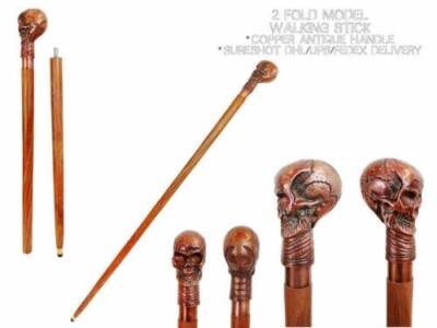 Antique Edwardian Style Brass Skull Head Handle Wooden Walking