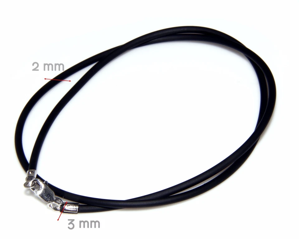 collana laccio nero caucciu 2mm argento 925 su chiusura per ciondoli uomo donna - Immagine 2 di 3