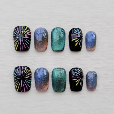 Press on nails kurz, black,green,blue, colorful, fire work, all Size