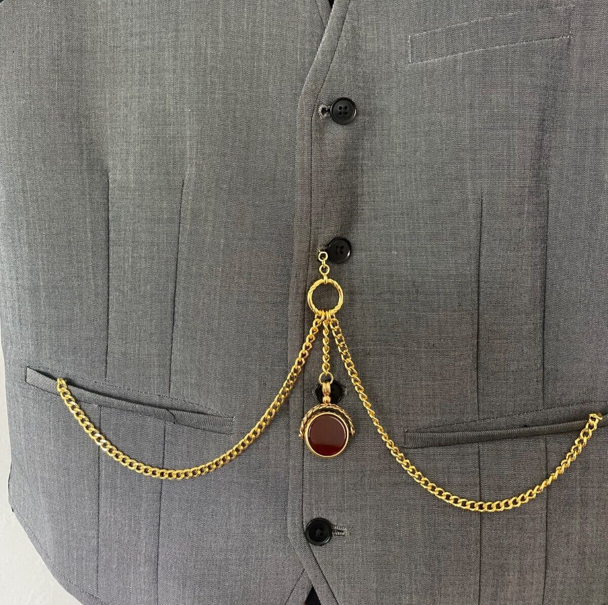 vintage type double albert gold plated pocket watch chain spinning fob  stone bl