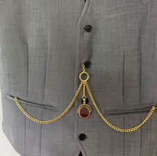 vintage type double albert gold plated pocket watch chain spinning fob stone bl