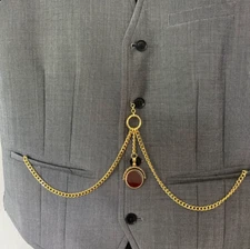 vintage type double albert gold plated pocket watch chain spinning fob stone bl