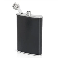 8oz Flask Black Vegan Leather Wrap Stainless Steel Attached Screw Cap Hip Pocket