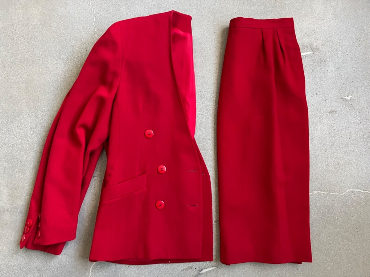 CHRISTIAN DIOR The Suit Vtg Womens Red Skirt Suit Set Size