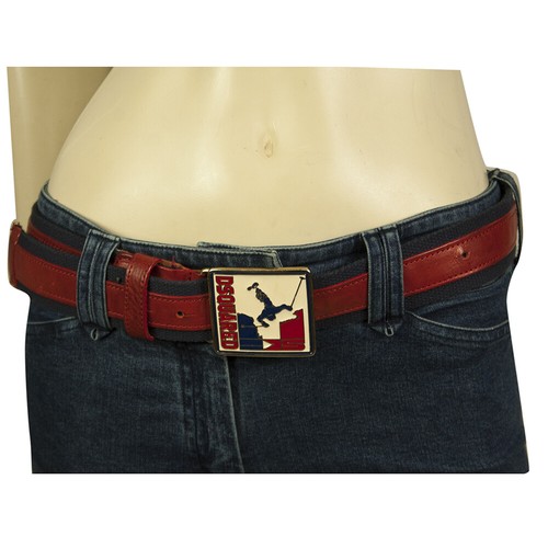 DSquared2 Woman's Red Leather Blue Canvas Skier Enameled Buckle Belt 100cm - Picture 4 of 5