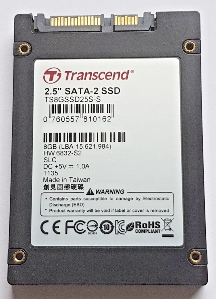 8 GB SATA 1.5Gbs Transcend SSD TS8GSSD25S-S 2D-NAND SLC 2.5" interne Festplatte