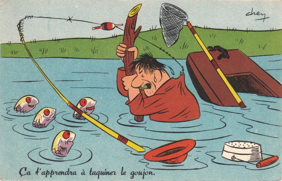 Carte Postale Vintage, Illustrateur Humour Pin-up, Thème Pêche à La Ligne, Bon état