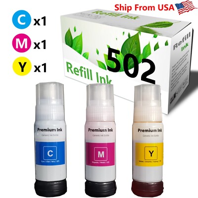 (3-Pack,CMY) T502 EcoTank Ink Refill 502 for ET-2720 4700 2800 Printer ...