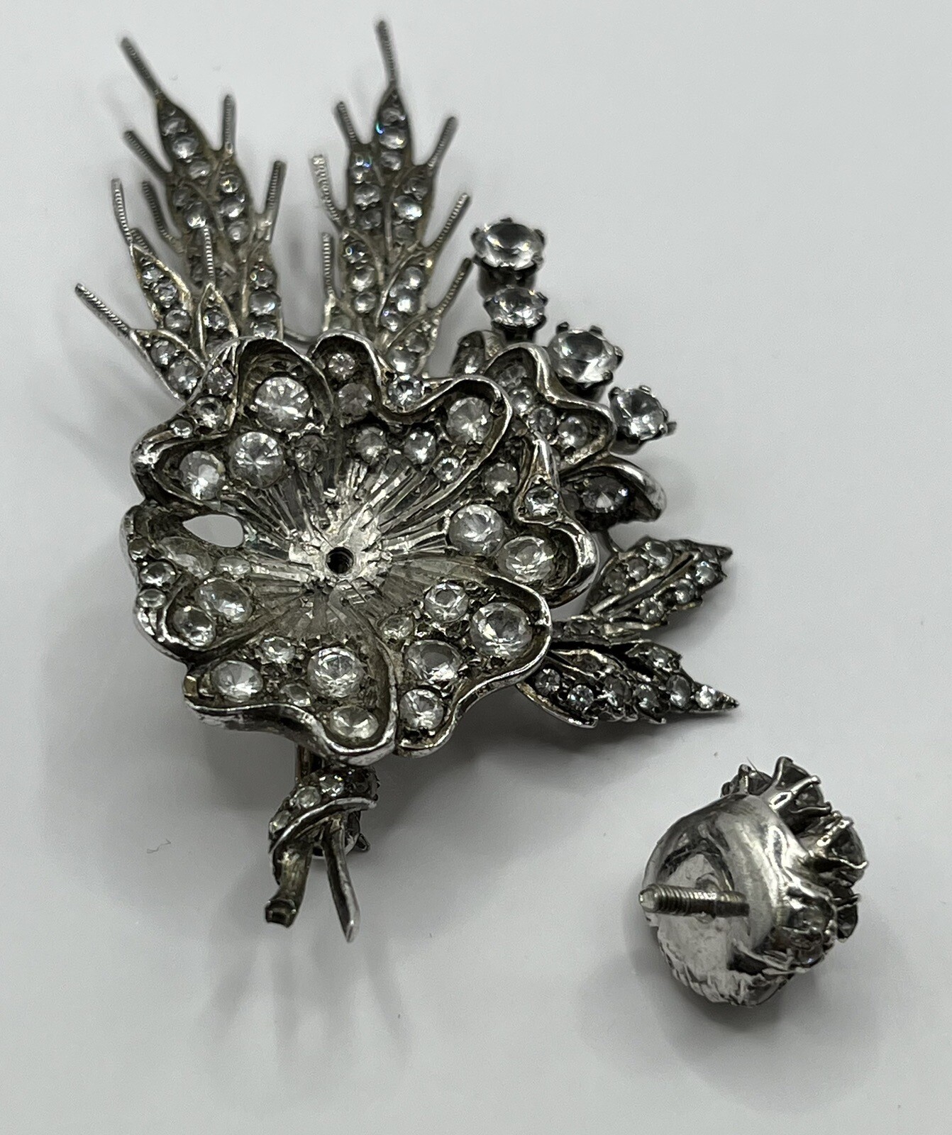 Large Antique French? Silver Floral Spray Paste Set Flower Brooch Pin