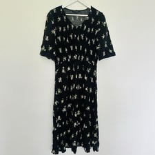 Peacocks Dress Womens 18 Black Floral Ditsy Print Midi Short Sleeve Smocked